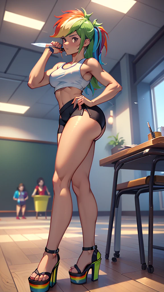 best quality, high quality, a cute girl, solo, rainbow dash, small croptop, spandex shorts, thick thighs, ((tall open-toe platform high heels, visible feet, highly detailed feet, holding a knife, extra small breasts)), classroom, school, ((4k, masterpiece, high-resolution))