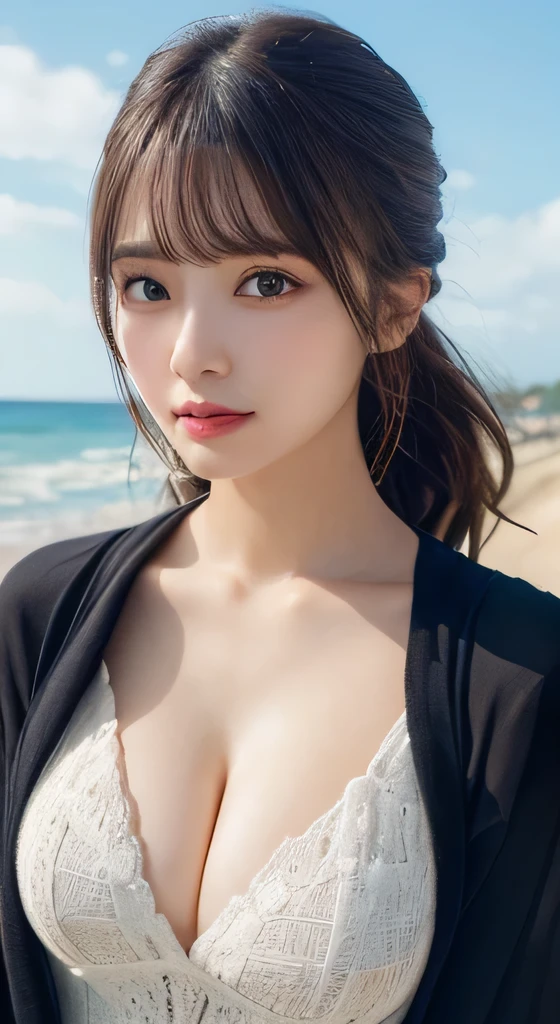 8K,Pieces fly, Highest quality, figure, Very detailed, finely, High resolution, 8k wallpaper, Perfect dynamic composition, Dark and beautiful eyes, Tight clothing, Random Cute Hairstyles, Natural color lip,At the Beach, Random cute poses,Cleavage