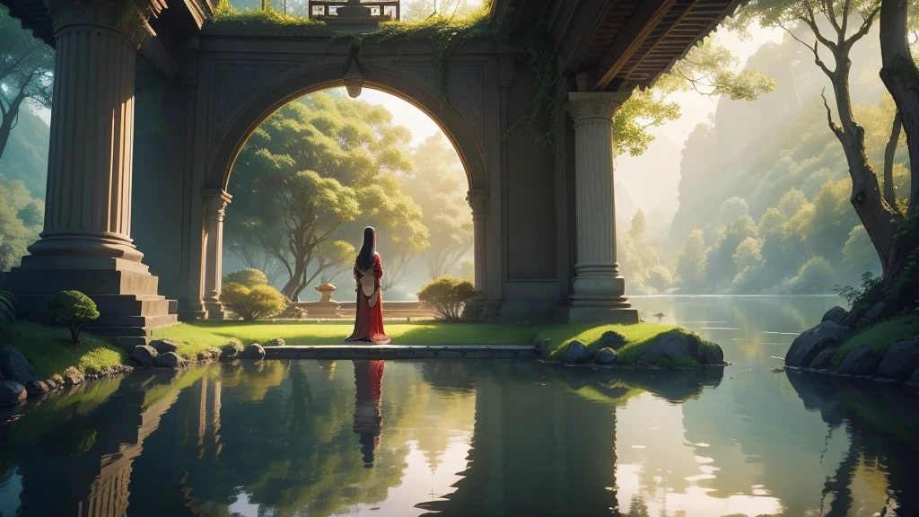 Create a captivating and visually stunning cover for a video with ambient music. The cover should be a masterpiece that not only attracts attention but also tells an intriguing story. The scene features a girl with a long braid, dressed in traditional oriental clothes, shown in full length from a distance. She stands gracefully, looking towards the horizon, evoking a sense of peace and contemplation. In the background, a serene temple rises majestically, surrounded by lush greenery and natural beauty. A calm body of water reflects the temple and the surrounding nature, enhancing the tranquil atmosphere. The soft, ambient light bathes the scene in a mystical glow, creating an ethereal and inviting mood. The composition should be designed to be highly clickable, drawing viewers in with its enchanting and serene visual narrative, promising a visually and emotionally engaging experience that will captivate millions of YouTube viewers