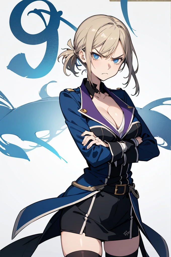 (masterpiece, best quality:1.2), huge , cleavage,  cowboy shot, solo, 1girl, awashima seri, expressionless, closed mouth, looking at viewer, crossed arms, blue eyes, uniform, thighhighs,(((angry)))