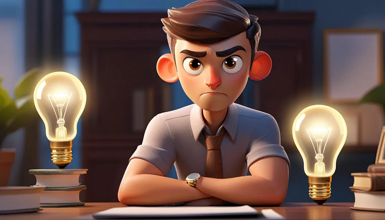 animated male and professional light bulb avatar looking at camera, adult human facial features, boca, This avatar reflects innovation, the success, aspirations associated with startups, expresion facial friendly y carismatica, large eyes, expressive. gold and silver aspects, sitting at a desk with a room background, friendly, looking forward looking at the camera
