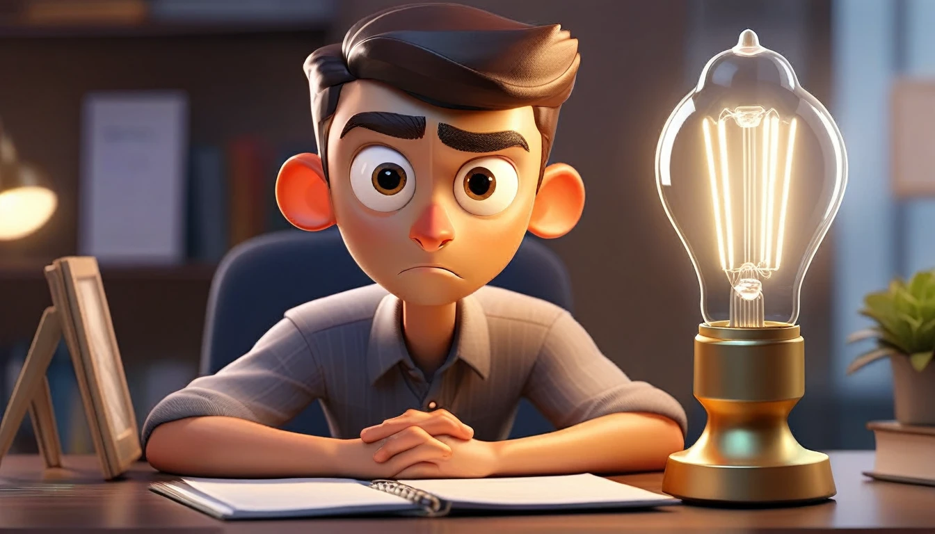 animated male and professional light bulb avatar looking at camera, adult human facial features, boca, This avatar reflects innovation, the success, aspirations associated with startups, expresion facial friendly y carismatica, large eyes, expressive. gold and silver aspects, sitting at a desk with a room background, friendly, looking forward looking at the camera
