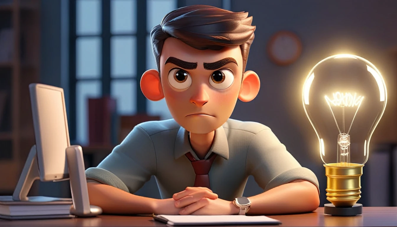 animated male and professional light bulb avatar looking at camera, adult human facial features, boca, This avatar reflects innovation, the success, aspirations associated with startups, expresion facial friendly y carismatica, large eyes, expressive. gold and silver aspects, sitting at a desk with a room background, friendly, looking forward looking at the camera
