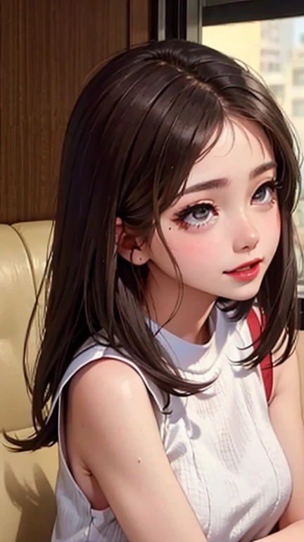 blush a little and smile, (Top quality masterpiece:1.2) Delicate illustrations, Very detailed, /Beautiful Japanese Women、1 person,Very cute and slim、Great style 、((8K images、super high quality))、Very delicate face, Skin and Hair、beautifule forehead、Red lipstick、(((((Mid-length hair、Brown Hair、lure))))),Very cute Japanese cut face、Eyes and nose are clearly visible、Kind eyes,((((Sleeveless fashion))))