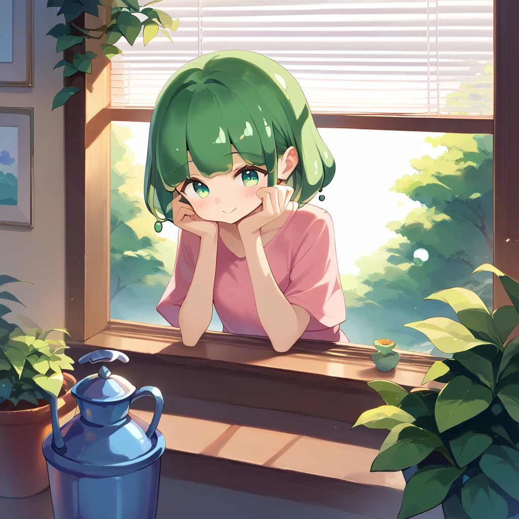 score_9, score_8_superior, score_7_superior, score_6_superior, sauce_anime, Cute girl slime watering the garden, window, window blinds,
