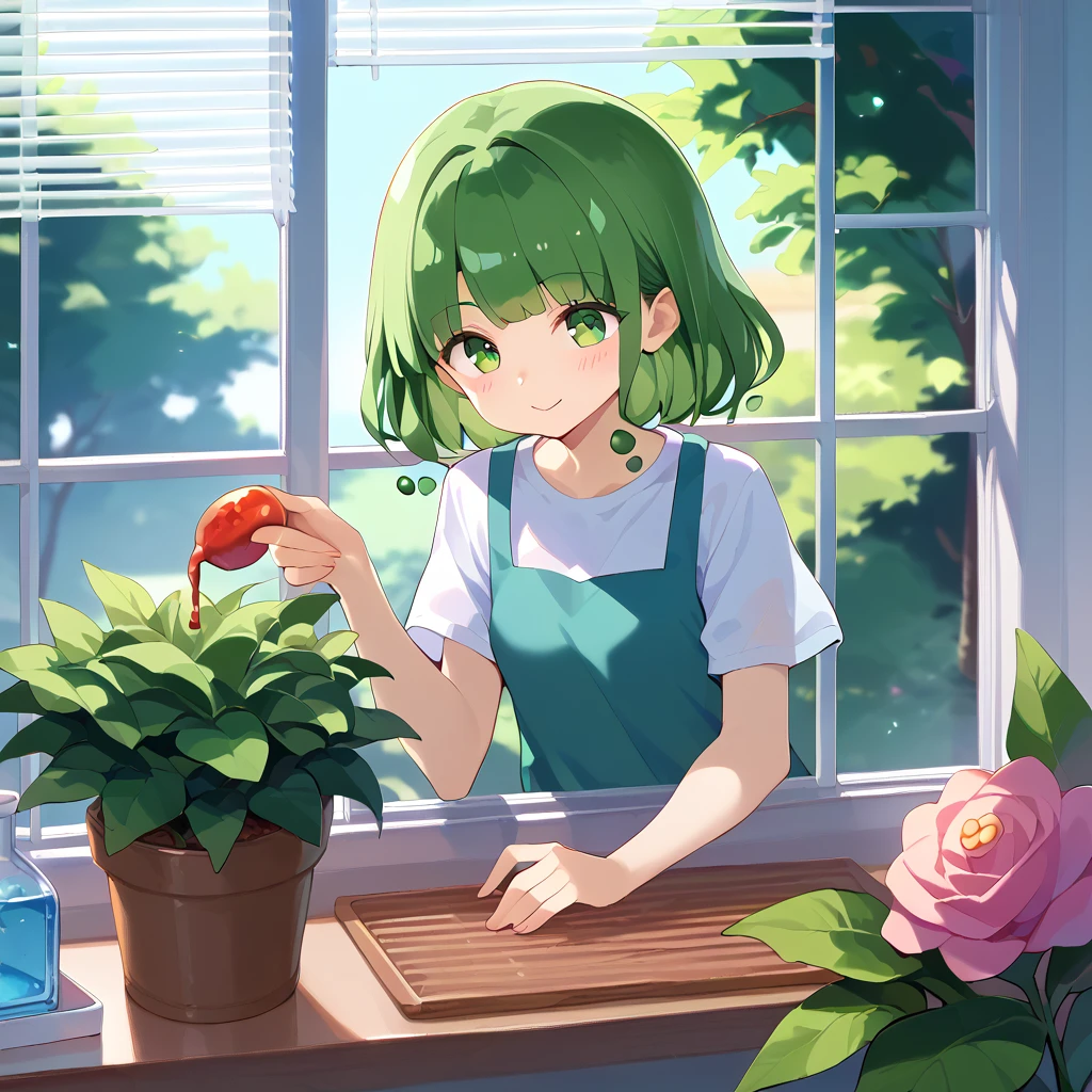 score_9, score_8_superior, score_7_superior, score_6_superior, sauce_anime, Cute girl slime watering the garden, window, window blinds,
