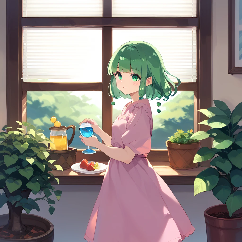 score_9, score_8_superior, score_7_superior, score_6_superior, sauce_anime, Cute girl slime watering the garden, window, window blinds,
