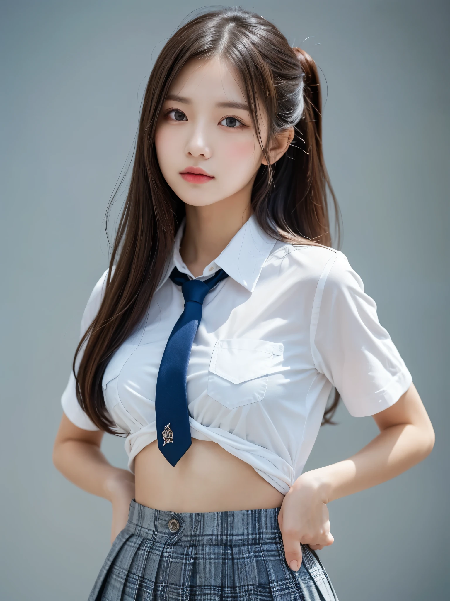 The image features a young woman standing against a plain, light background. She has long, straight dark hair styled into two buns on the top of her head, with some strands left loose framing her face. Her expression is neutral, with a slight hint of curiosity or attentiveness. She is wearing a short-sleeved, white, button-up shirt that is tied above her navel, revealing her midriff. The shirt has a single pocket on the left side, adorned with a navy blue tie that complements her attire. Below, she wears a light blue pleated skirt that falls mid-thigh, completing a school-uniform-inspired look. The lighting is soft and natural, coming from the left side, creating gentle shadows and highlighting the details of her outfit and facial features. The overall atmosphere is calm and minimalistic, focusing on the subject with no distracting elements in the background.