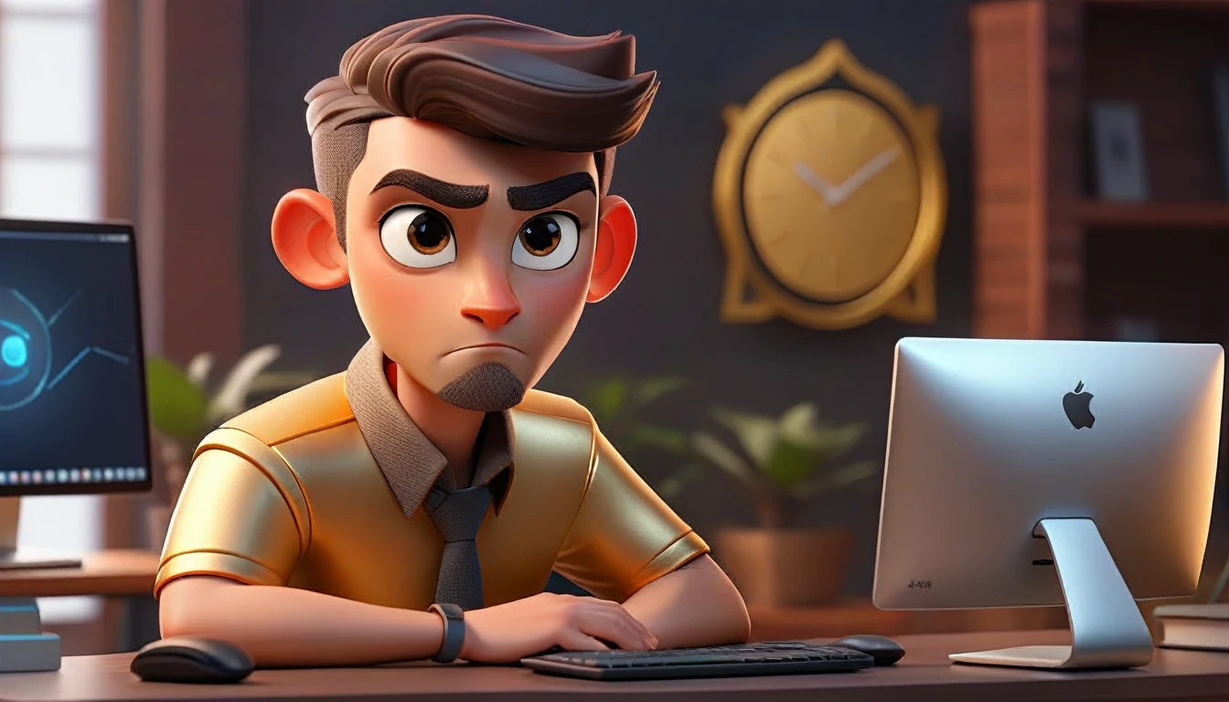 animated professional male computer avatar looking at camera, human faciaures, boca, This avatar reflects innovation, the success, aspirations associated with startups, expresion facial frie carismatica, large eyes, expressive. gold and silver aspects, sitting at a desk with a room background, friendly, looking forward looking at the camera