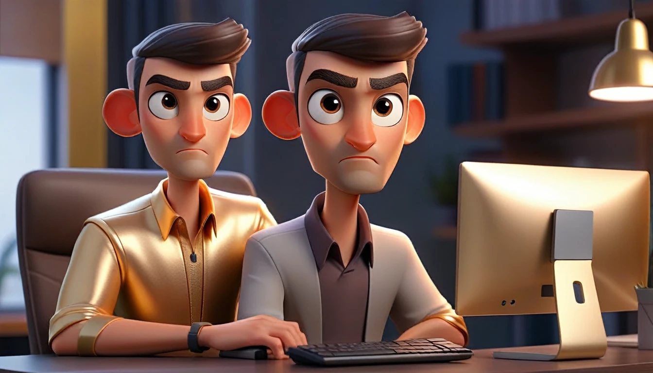 animated professional male computer avatar looking at camera, adult human facial features, boca, This avatar reflects innovation, the success, aspirations associated with startups, expresion facial friendly y carismatica, large eyes, expressive. gold and silver aspects, sitting at a desk with a room background, friendly, looking forward looking at the camera