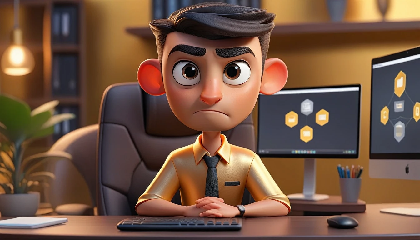animated professional male computer avatar looking at camera, adult human facial features, boca, This avatar reflects innovation, the success, aspirations associated with startups, expresion facial friendly y carismatica, large eyes, expressive. gold and silver aspects, sitting at a desk with a room background, friendly, looking forward looking at the camera