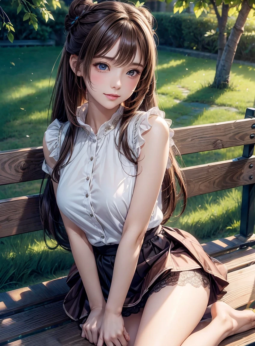 (1 Girl:1.3), Sexy pose, slim, (Reality:1.4), (masterpiece, Top quality, best quality, Official Art), Extremely detailed, The most detailed, (Extremely detailed), ((Extremely delicate and beautiful)), light, (Realistically:1.3), (High Detail Skin:1.2), high resolution, 8K UHD, 4K, 8K, Bokeh, Digital SLR Camera, , The best ratio of four fingers and one thumb, In a park with trees,Sitting on a bench、Spread your legs:1.3, ((Silky long hair)), (Brown hair), (Bun hairstyle), Tears, Pretty Face, Perfect face, highly detailed Pretty Face, Lovely, Shy,blush, Dynamic Angle, from above,Looking at the audience, Wearing brown sweater,Papillary process,Short skirt,Lace panties。