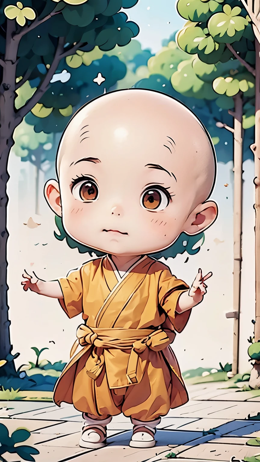 a full body anime portrait photo of a chibi monk with plain background, cute anime monk,  monk, bald head, pixar style, anime vibes, anime style 4k, chibi cute monk, anime style artwork, anime style illustration, anime style, in anime style, anime inspired