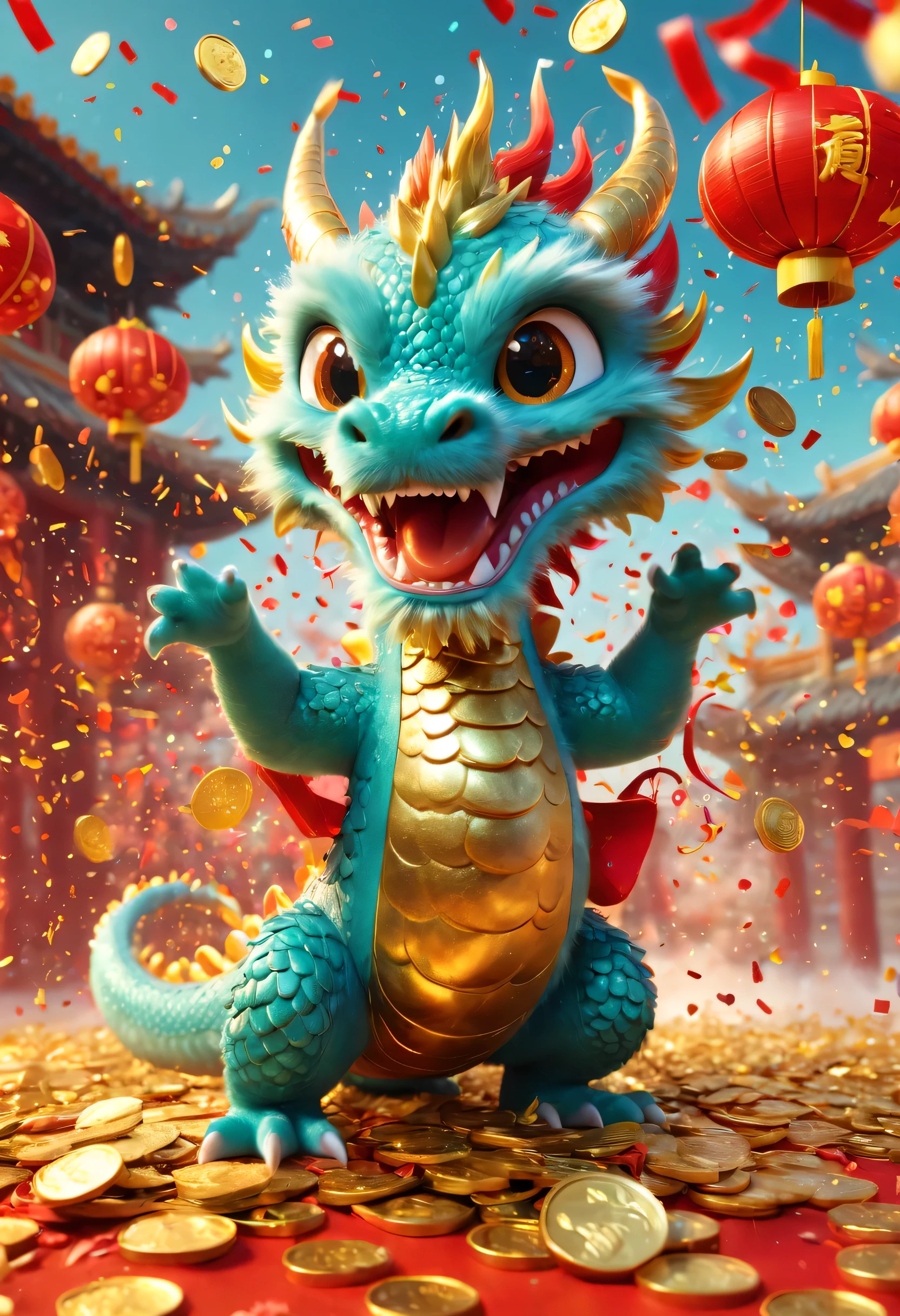 Chinese Lunar New Year has arrived，baby oriental dragon，cyan hairy body，silly dragon，funny expressions，cute，Many gold coins exploded from fireworks，Red and gold confetti flying in the sky，（Rain of gold coins），A strong festive atmosphere，It was lively。