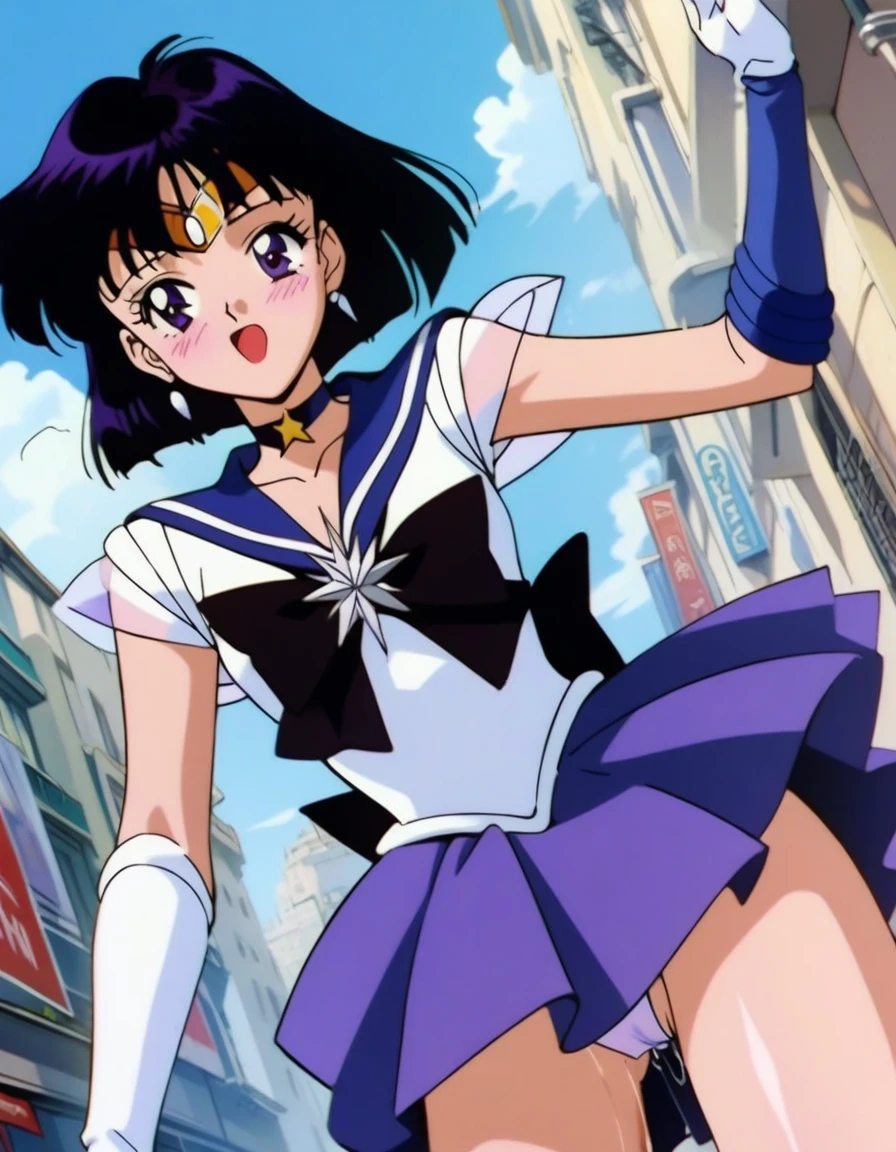 masterpiece, best quality, very aesthetic, absurdres, Sailor Saturn XL, 1990s \(style\), perfect face, perfect composition, moist skin, intricate details, beautiful detailed eyes, BREAK 1girl, solo, short hair, black hair, purple eyes, flat chest, skinny, sailor senshi uniform, purple sailor collar, tiara, earrings, jewelry, star choker, bowtie, back bow, star brooch, white elbow gloves, purple miniskirt, shiny skin, BREAK looking away, face away, embarrassed, blush, open mouth, cameltoe, pussy juice, stylish pose, white leotard, (pantyshot:1.2), wind lift, outdoors, city, blue sky, wind, from below, dutch angle,