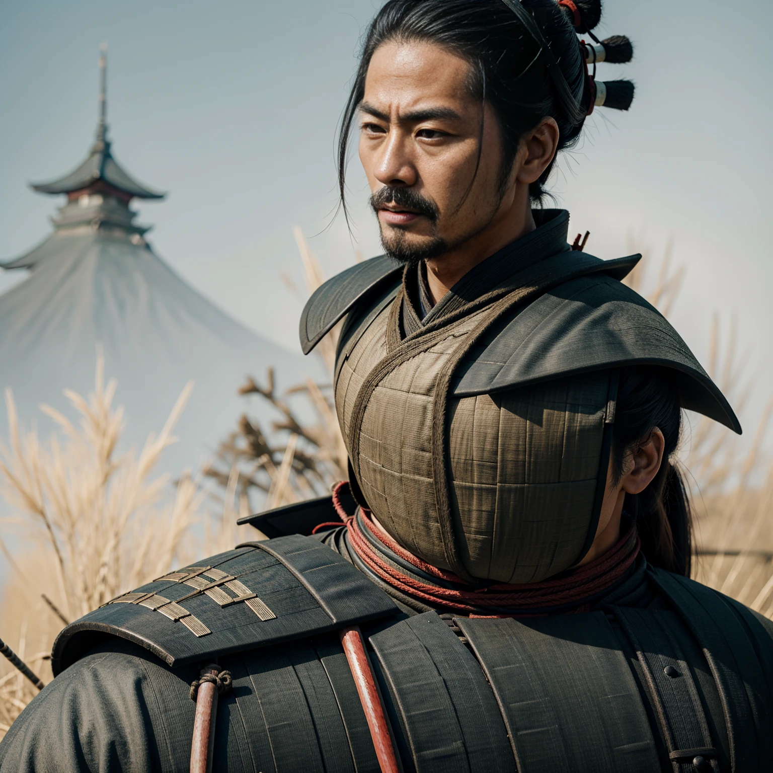 Japanese samurai, feudal Japan portrait, high quality, realistic, faded image, lines