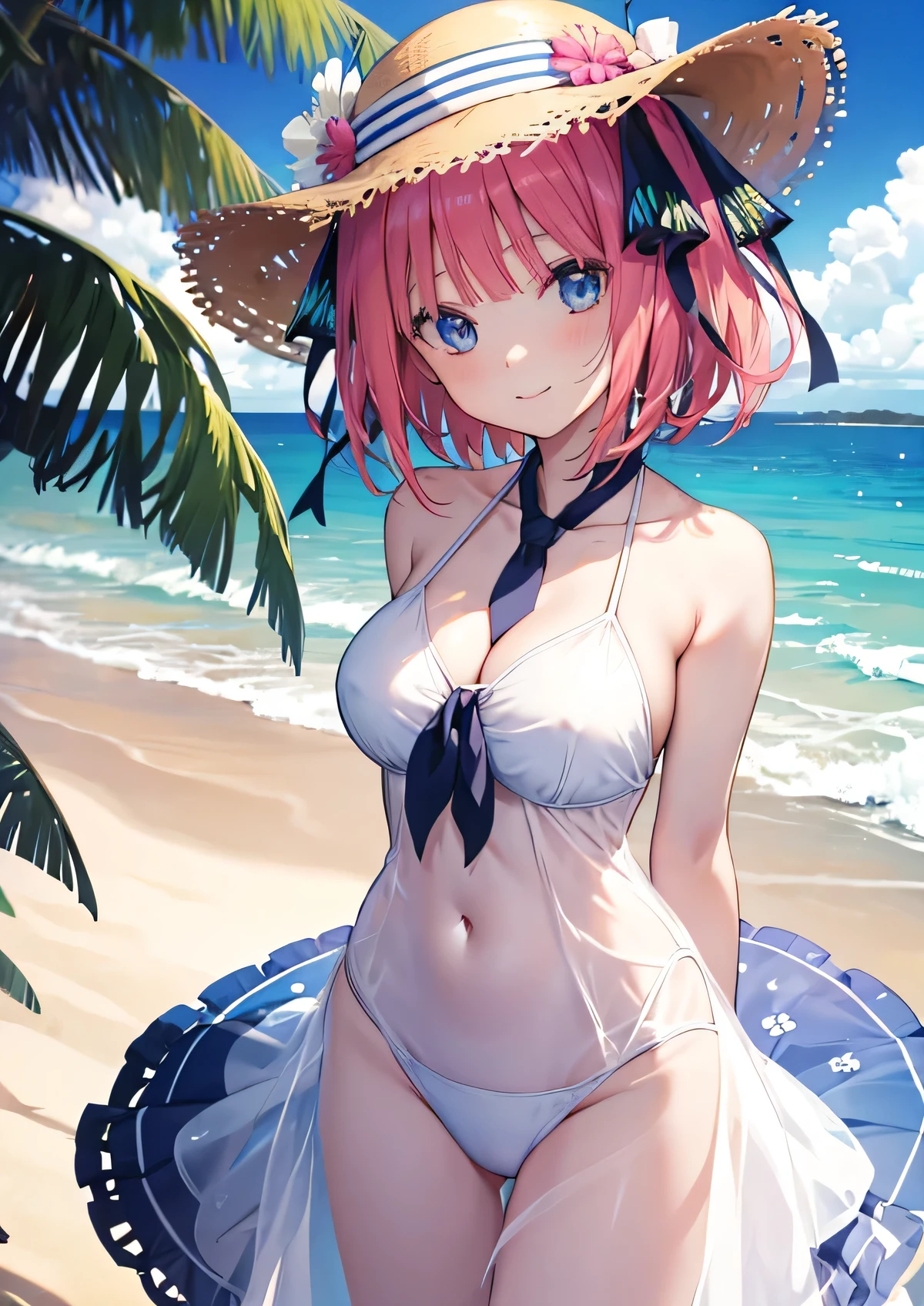 Nino Nakano is a character that appears in the anime "The Quintessential Quintuplets" 「The background is a sunny day at the sandy beach...」The eyes of this character are blue. My hairstyle is a bob cut with shockingpink color. This character is wearing a butterfly hair accessory. Please focus on this character. This character has a very lovely smile.high Quality. .. masterpiece,best quality,ultra detailed, My breast size is D cup. The background is a sunny day at the sandy beach. This character is wearing tie-side bikini. tie-side bikini light blue color. Additionally, a glimpse of cleavage can be seen.
I am wearing a straw hat
This character has their arms behind back
