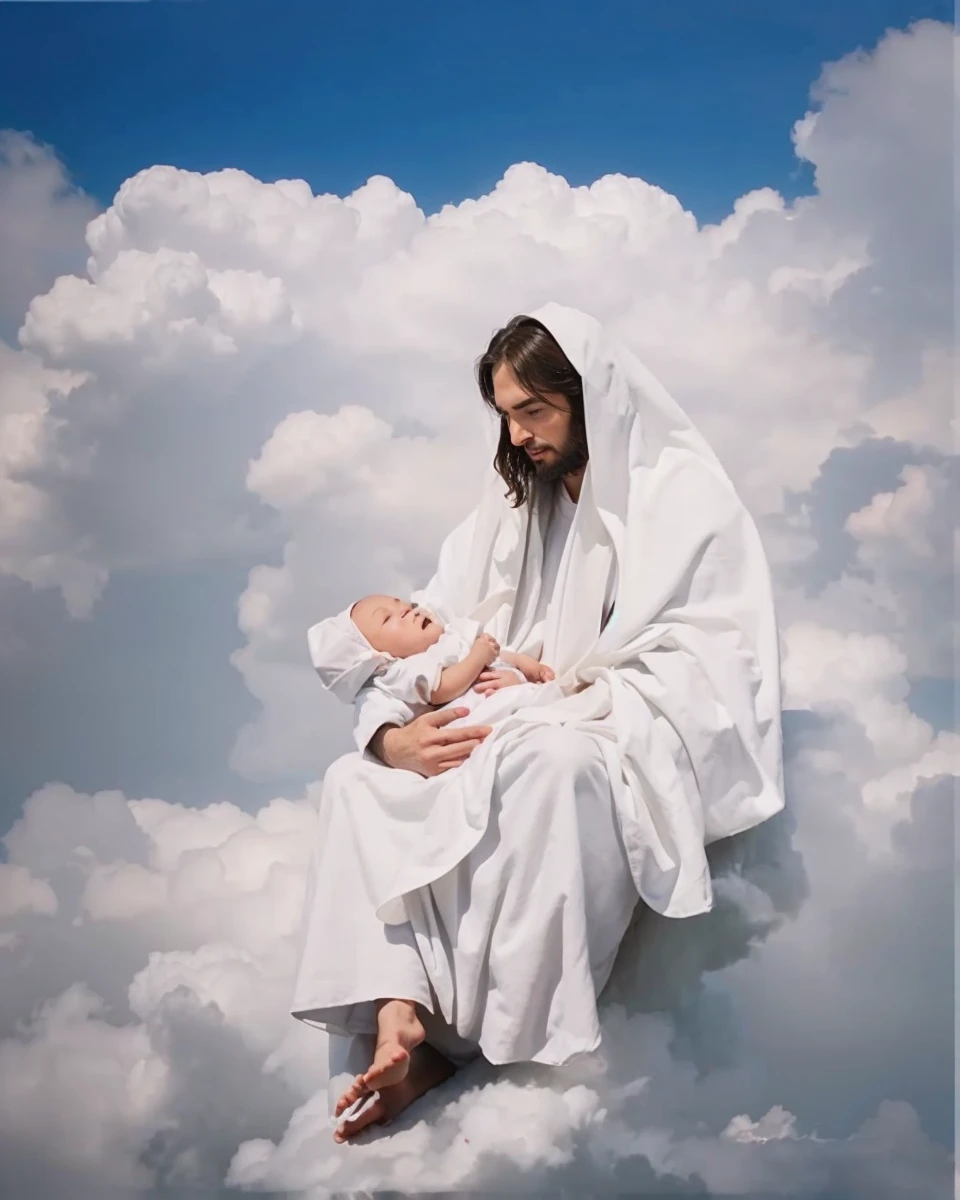 jesus christ, hold a , wearing white cloth, face to face with the babyaring long, sitting on the cloud, cloud background, beside view