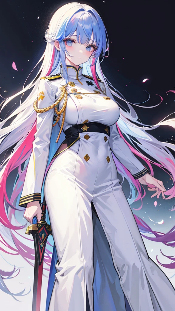 rainbow colored hair, expressionless, neat white uniform, holding a sword, very large breasts, long straight hair