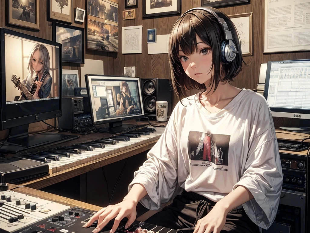(masutepiece: 1.3, Top resolution, Highest Quality, 8K, Photorealistic, Perfect Detail), Perfect Lighting, (1girl), Solo, Girl making music on home studio computer, Unreal Engine, Rembrandt, Quiet recording studio, With microphone and other vintage equipment, Add old-fashioned charm to an isolated space, Framed poster of legendary rock musician on the wall, Detailed body, white t-shirts, serious facial expression, (Sitting in front of an electronic piano:1.1), Wearing headphones, Working with computer monitors, MIDI Pad Controller,Beautiful fingers,Detailed hand