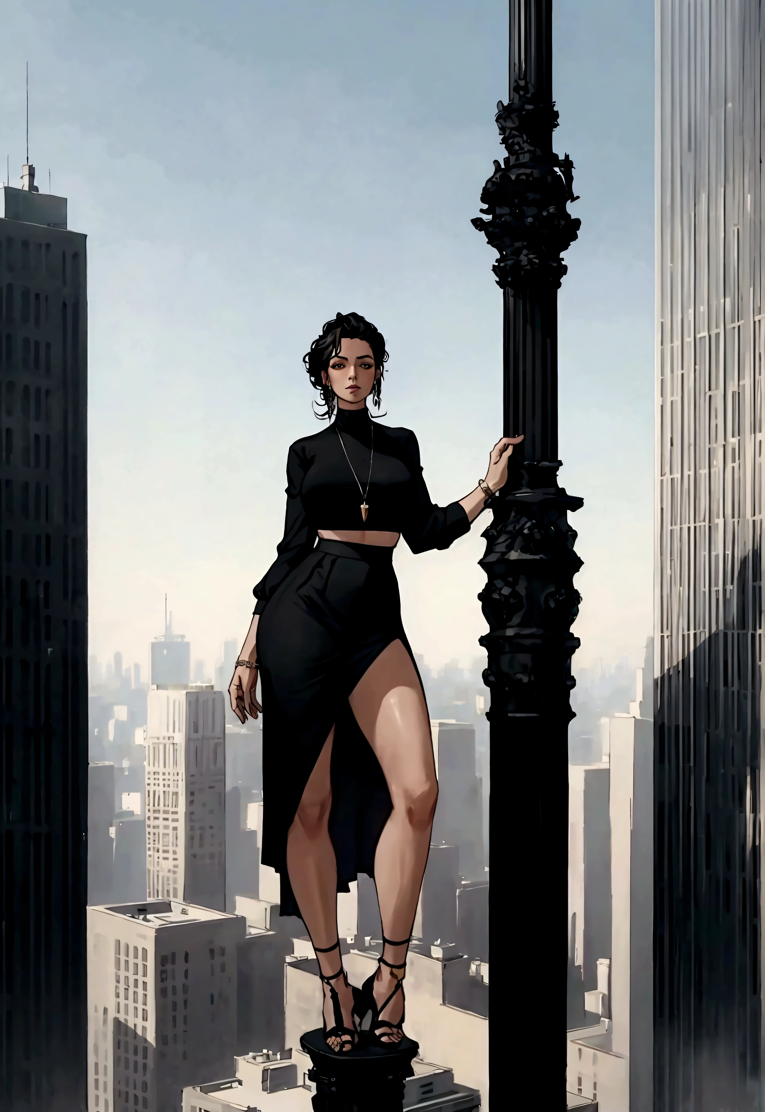 arafed woman in a black top and skirt standing on a pole in a city, a hyperrealistic painting by Micha Klein, pexels contest winner, realism, highly detailed giantess shot, massive legs towering over you, extremely detailed giantess shot, giantess shot, perched on a skyscraper, standing on rooftop, standing on a rooftop