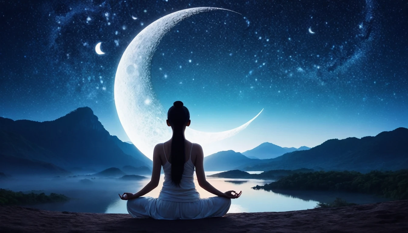 Woman facing backwards sitting in zen meditation pose、Fusion with space bodies, The crescent moon of the new moon shines brightly, Ultra-fantastical、Chakraの解放、The infinite mystery of the universe and the individual&#39;s cosmic symbiosis. A pillar of light descends onto the place where the person is sitting., Penetrating deep into the Earth's mantle. This means a ground connection to the earth, Transcending it through meditation、Anchoring a person to physical reality. The lighting in this image is as balanced as the air, Physical and metaphysical. Use a wide-angle lens, 16-35mm f, wait./2.8, This allows you to capture a wide range of images., Small openings like F/If you use 11、You can focus on all the elements. About lighting, soft, Throwing diffused light on a meditating figure、Shine with a fantastic glow, It means the illumination of enlightenment. For background, dynamic contrast、Flying out of the inner layers of the galaxy and the Earth, Use post-production techniques to fine-tune the details, yoga, 8K Wallpaper, Cinema lighting, Falling from a rift in space-time, Chakra, Kundalini, mysterious, Enlightenment,