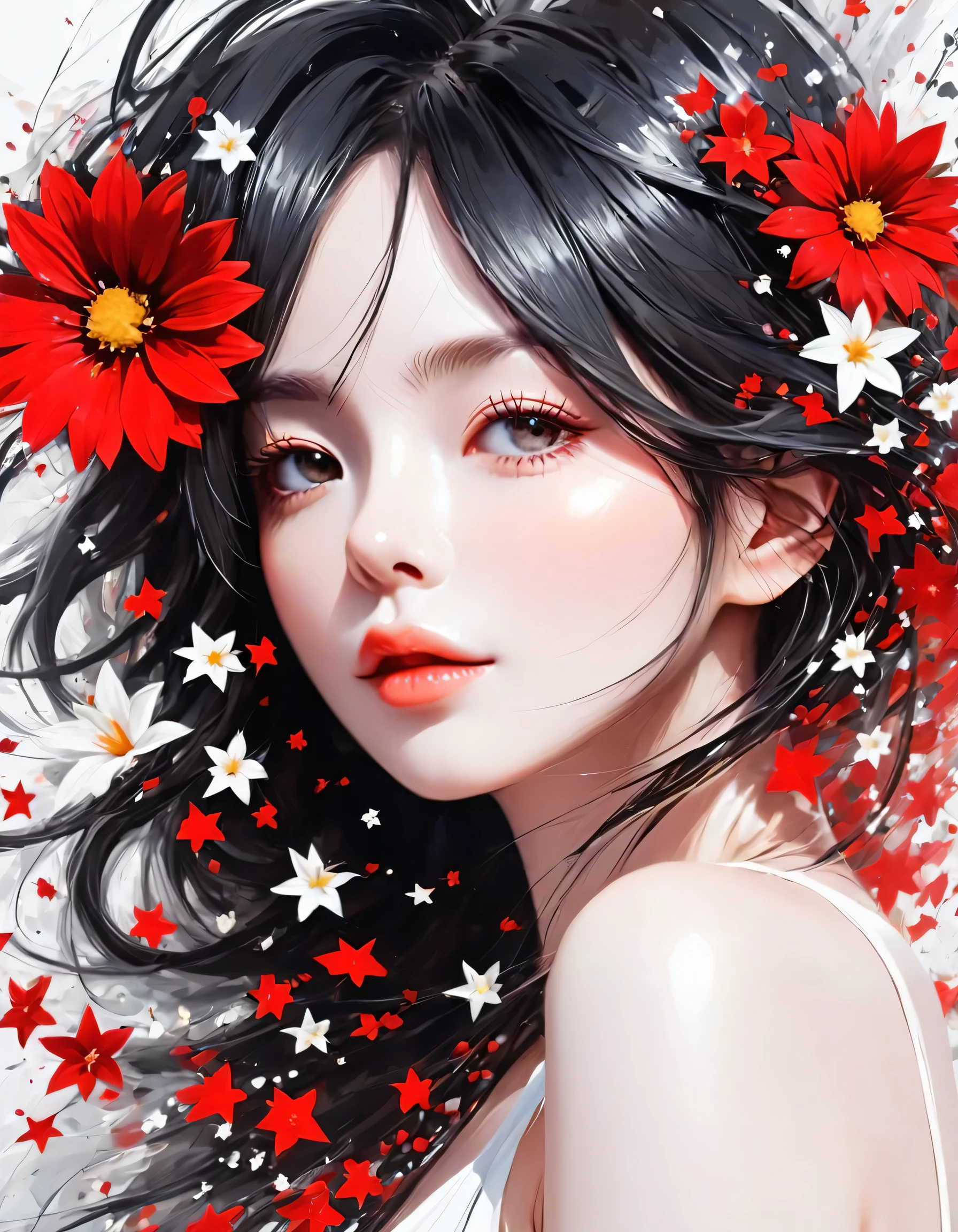 Black Star Red and White style, Simple Line Initialism,Abstract art,Urban Background, colorful flowers ,(((The most beautiful girl of all time))), Sweet face., Lips in love