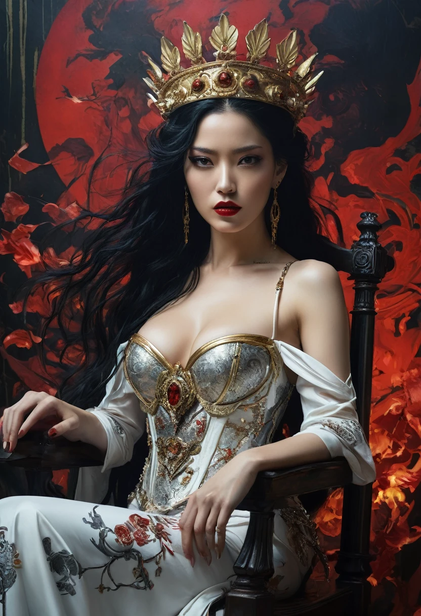A half-asian, asian-european, woman with black wavy hair in the style of a greek goddess, with bronze skin posing as a seductive temptress with porcelain skin and blood-red lips, framed by the opulent trappings of a Victorian parlor. Inspired by Pre-Raphaelite art, her form is ethereal and romantic, with flowing locks and delicate features that evoke the beauty of a bygone era. smiling, sitting in a Victorian Parlor, her elegant gown ripped open revealing her breasts and navel , gothic romantic style, with lots of gothic details