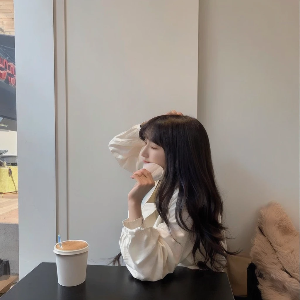 There is a woman sitting at a table drinking coffee, Ulzzang, Long Hair, Her hair is white, 白Hime cutヘアスタイル, Jaeyoung Nam, long hair With bangs, Long hair with bangs, Hime cut, With bangs, Kim Do-young, Short hair, she has black hair With bangs, Long Hair, Shin Jinyoung