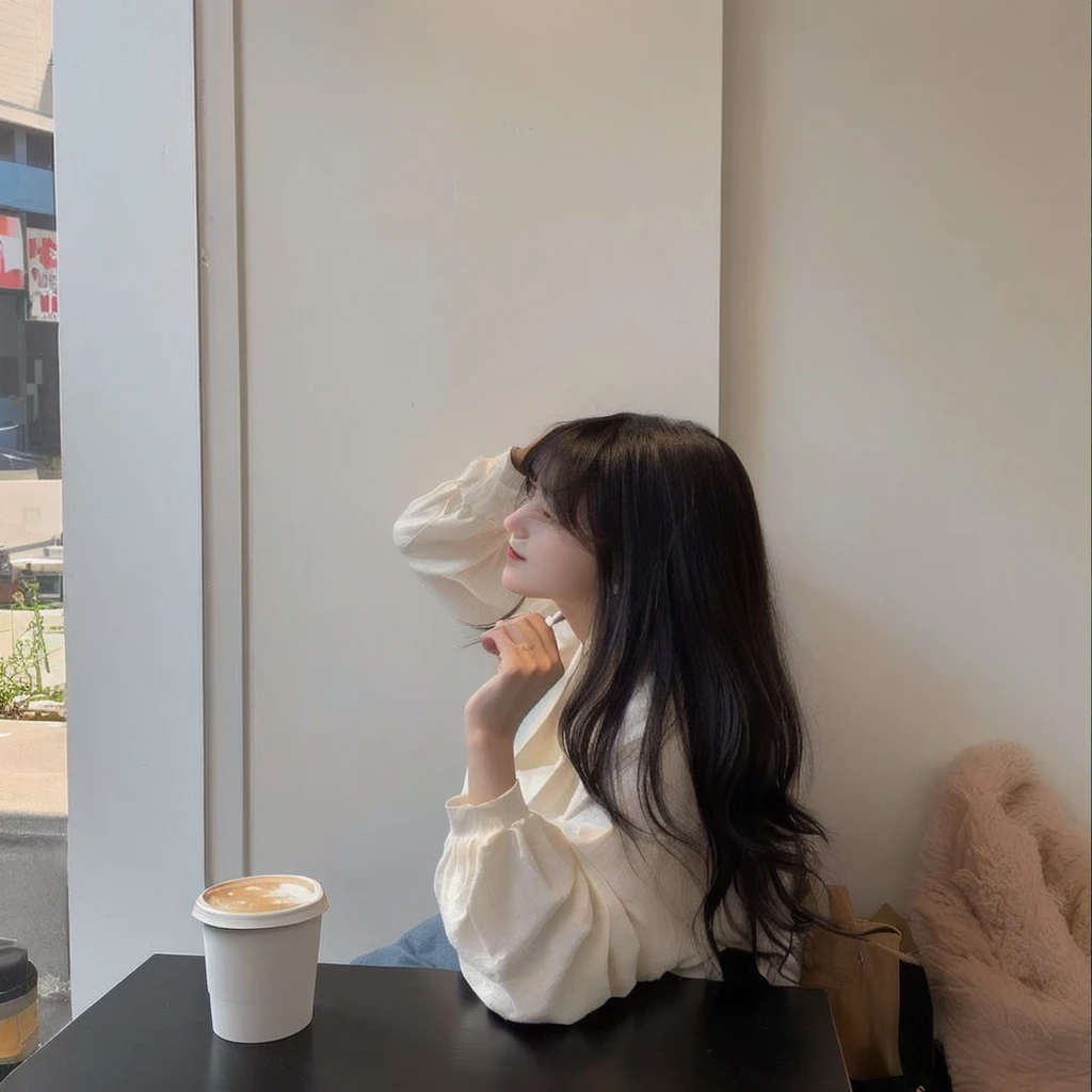 There is a woman sitting at a table drinking coffee, Ulzzang, Long Hair, Her hair is white, 白Hime cutヘアスタイル, Jaeyoung Nam, long hair With bangs, Long hair with bangs, Hime cut, With bangs, Kim Do-young, Short hair, she has black hair With bangs, Long Hair, Shin Jinyoung