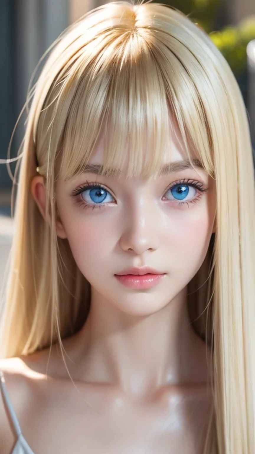 Highest quality、masterpiece、(Realistic:1.4)、One very beautiful blonde girl、Dazzlingly long, super long straight silky platinum blonde、Bangs between the eyes、bangs on the face、Big, very bright light blue eyes that shine so beautifully、Very big eyes、front、Detailed face、Beautiful Eyes、Very white and bright, beautiful skin、Small Face Beauty、14 year old beautiful girl、Cheek gloss highlighter、Round face