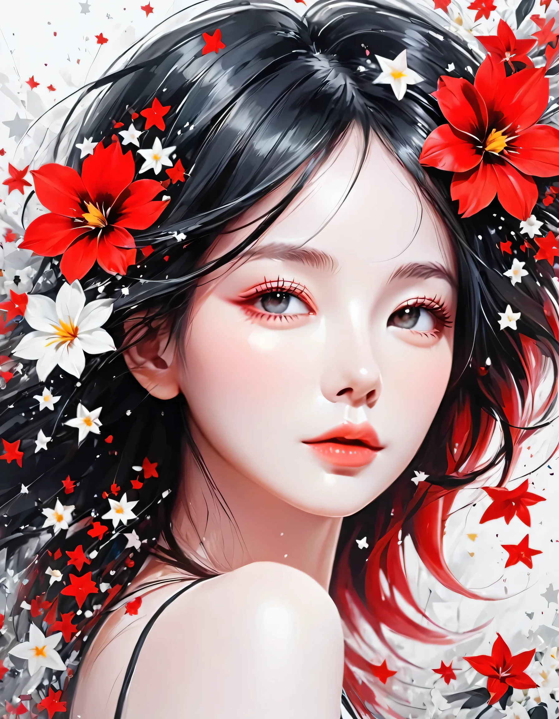 Black Star Red and White style, Simple Line Initialism,Abstract art,Urban Background, colorful flowers ,(((The most beautiful girl of all time))), Sweet face., Lips in love