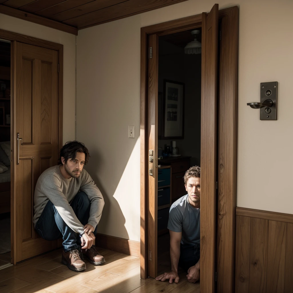 The 35 year old man sitting near the door, looking with hope and anxiety towards the lock.