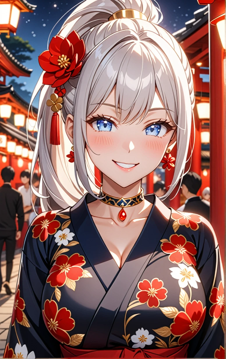 ((one girl)), hyper detailed, absurdres, 8K,Cute face, (Laugh shyly), ((teasing smile:1.8)), ((Wink:1.8)), (Laugh with your mouth wide open:1.3),(Tilt your head:1.3), View your viewers, ((Bright red cheeks:1.6)),Glossy Red Lips, ((Big Breasts:1.5)) night, Shrine festival stalls, (Brighten your face), ((Anime style background)),masterpiece, Highest quality, so beautiful,Latest, Complex details, (Pink long nails), (nail art), (ring),(bracelet), (Floral Choker),AI-generated, Complex,High resolution, Highest quality, super high quality,3D Images、3D Images,One person,Long white hair,(High Ponytail), Anime woman posing for a photo,((silver eyes:1.6)), ((Fine grain、blue eyes、Shining Eyes:1.7)), (Squint your eyes:1.1),a hyperRealistic , hyperRealistic , Realistic,Anime woman with long white hair, Smooth anime CG art, With gold embroidery、A girl in a gorgeous kimono, ((Black long sleeve kimono:1.3)),(Red large floral pattern) ,Long flower hair ornament,Floral Earrings,Mature Body, expensive,Abdominal muscles,Tight waist,((Zoom in on face:2.1)), (front view),