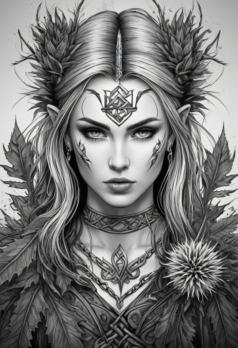 Masterpiece Illustration high quality 16K, Thistle on the background of the rune, Vector graffiti-style for celtic tattoo, Close-up of a rebellious viking girl with runes tattooed on her face,celtic style tattoo, runes, image, w sieci, beautiful face!, runes, harpy woman