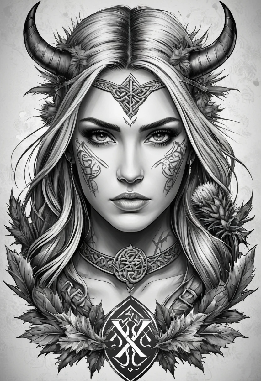 Masterpiece Illustration high quality 16K, Thistle on the background of the rune, Vector graffiti-style for celtic tattoo, Close-up of a rebellious viking girl with runes tattooed on her face,celtic style tattoo, runes, image, w sieci, beautiful face!, runes, harpy woman