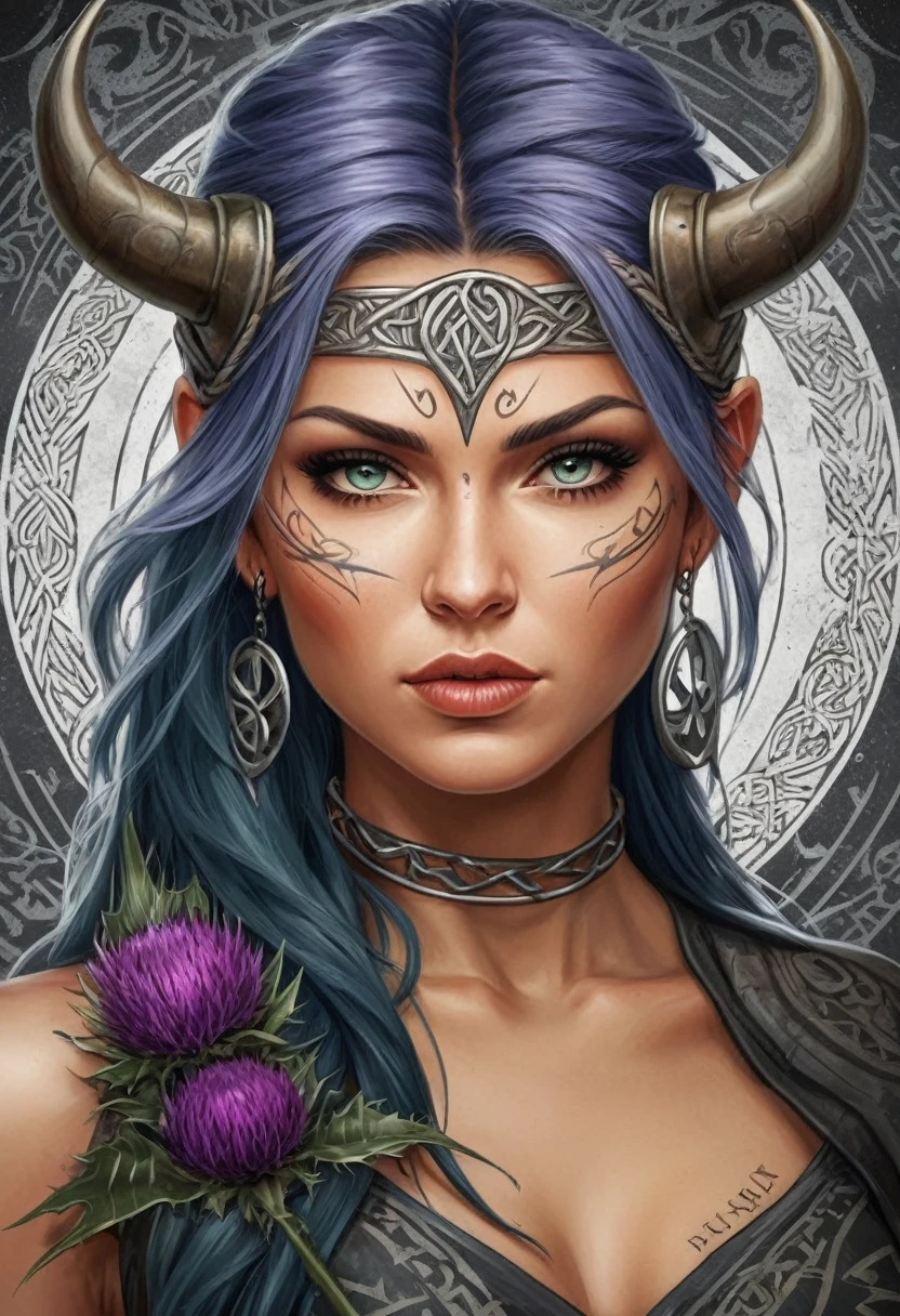 Masterpiece Illustration high quality 16K, Thistle on the background of the rune, Vector graffiti-style for celtic tattoo, Close-up of a rebellious viking girl with runes tattooed on her face,celtic style tattoo, runes, image, w sieci, beautiful face!, runes, harpy woman