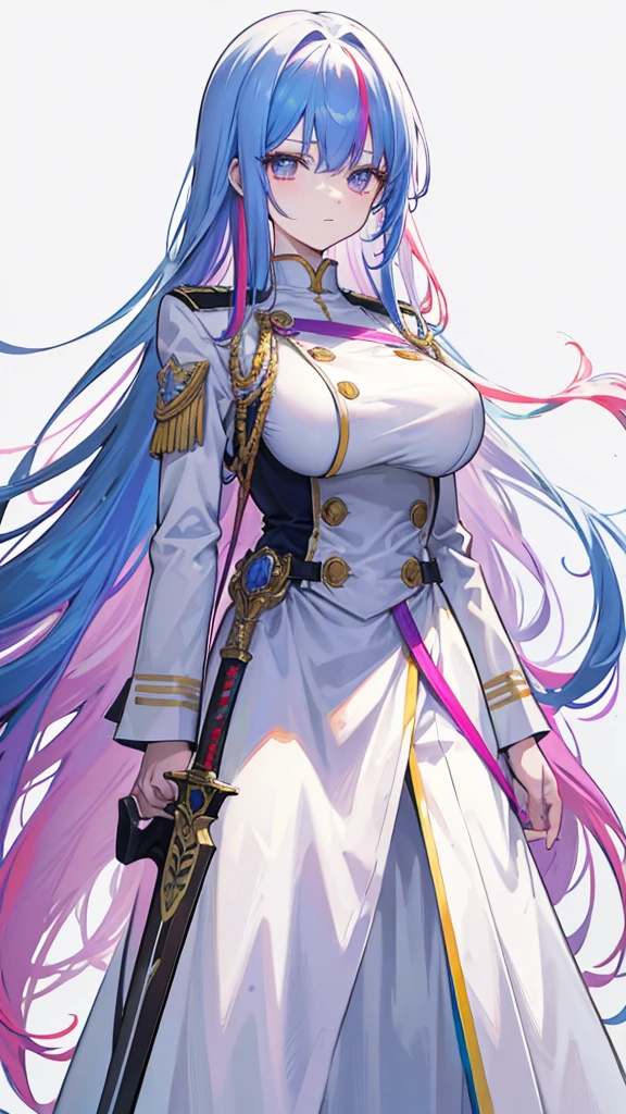rainbow colored hair, expressionless, neat white uniform, holding a sword, very large breasts, long straight hair