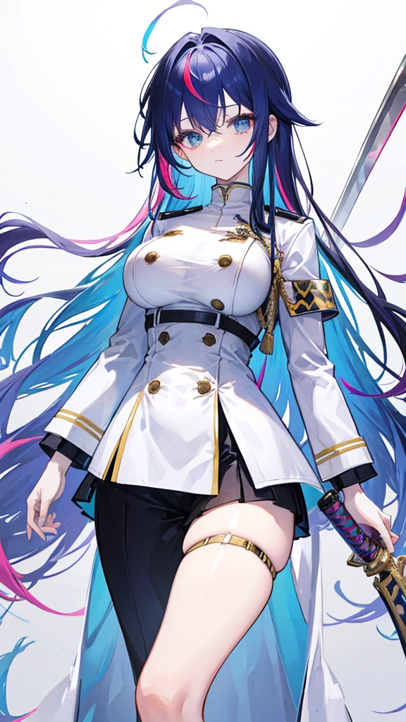 rainbow colored hair, expressionless, neat white uniform, holding a sword, very large breasts, long straight hair