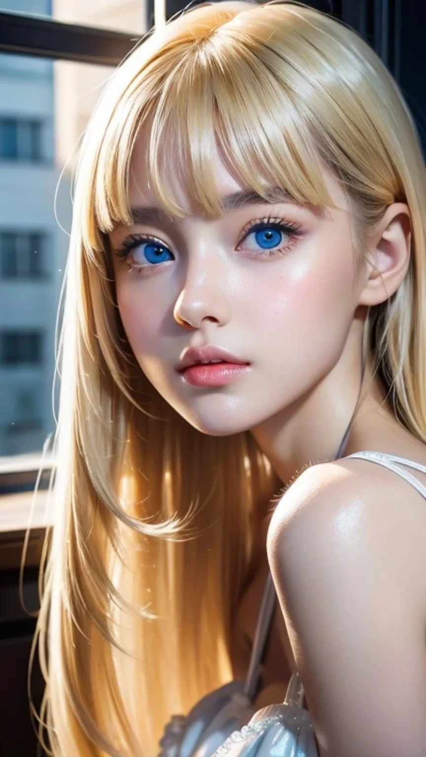 Highest quality、masterpiece、(Realistic:1.4)、One very beautiful blonde girl、Dazzlingly long, super long straight silky platinum blonde、Bangs between the eyes、bangs on the face、Big, very bright light blue eyes that shine so beautifully、Very big eyes、front、Detailed face、Beautiful Eyes、Very white and bright, beautiful skin、Small Face Beauty、14 year old beautiful girl、Cheek gloss highlighter、Round face