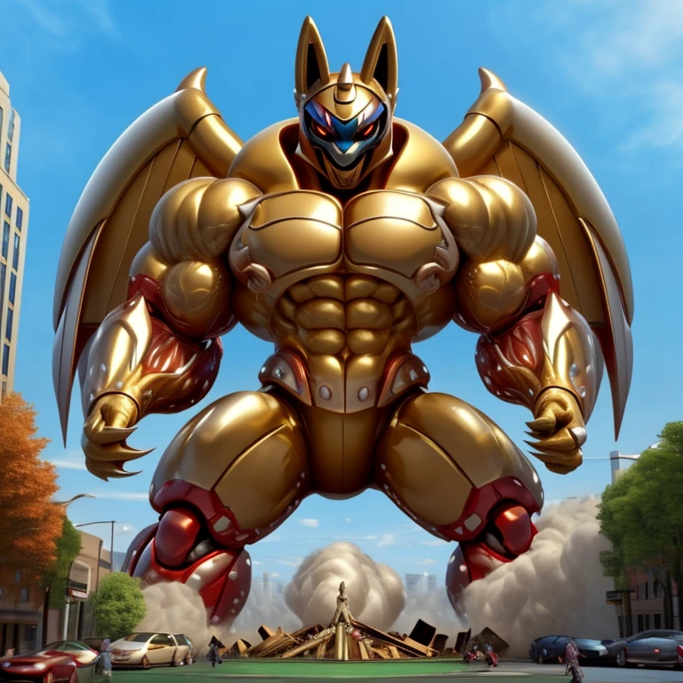 (masterpiece. official art. 8k. best quality. detailed full body. full body.)
(situation 1 : dominating Shiny_Mega_Lucario. focus GIANT mechanical Muscular Shiny_Mega_Lucario is trampling the CITY. macro. stomp. Low-angle perspective. emphasizing the immense size. The perspective is from below, emphasizing the sheer majesty and power of the Giant. giant art. He is much bigger than a skyscraper. Giga Giants. micro soccer field. looking down.)
(situation 2 :smoke and flames rising from the destruction in the city)
(Additional details 1: wearing a full-face helmet. no face. Armored_Flazzard.)
(Additional details 2: (Detailed head. Detailed Body. Detailed abs. gigantic muscles. HYPER MUSCLES. Gigachad Muscular. big muscle. pecs. triceps. traps. unusually developed muscular body. body full of huge muscles. showing off muscles. pectorales enormes. Exaggeratedly huge muscles. huge muscles. long legs.).
(Additional details 3: nj5furry, Spread wings. It has wings. It has large rainbow-colored wings. The claws are sharp. Sharp teeth.).