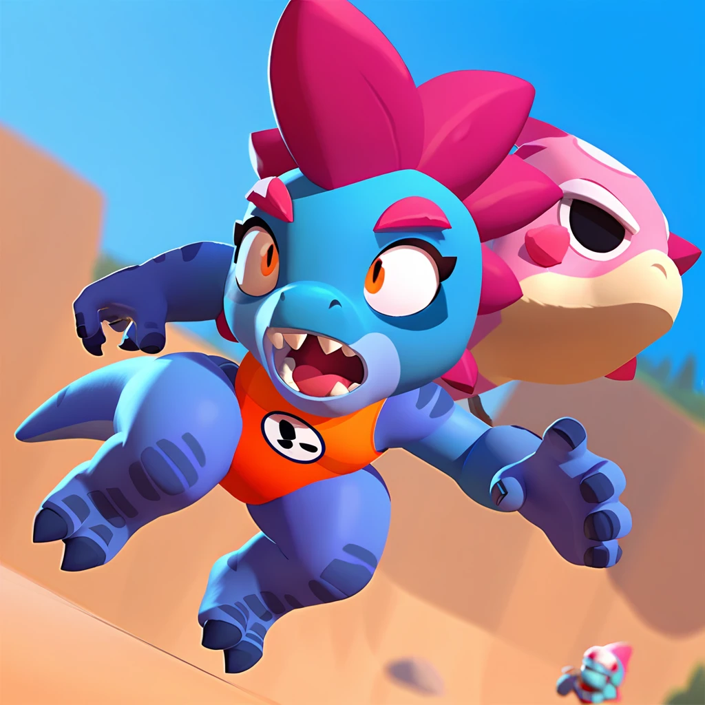 full view of a dinosaur, female, dark blue skin, dinosaur dressed in a swimsuit, having pink and white buoy, dinosaur animal, fight, brawl stars