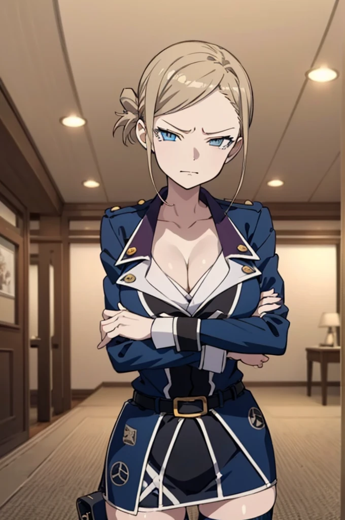 (masterpiece, best quality:1.2), huge , cleavage, cowboy shot, solo, 1girl, awashima seri, expressionless, closed mouth, looking at viewer, crossed arms, blue eyes, uniform, thighhighs,angry,from below,indoor