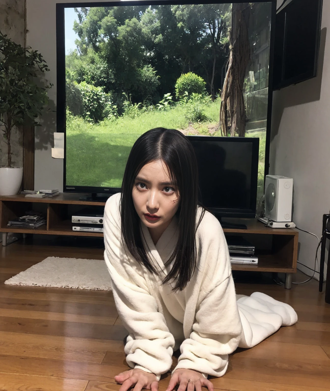 horror film, yamamura sadako, A ghost crawling out of a small static-lit CRT television through a portal, Lighting screen,Face the viewer, (Crawling Pose),Large, fully furnished living room, both hands on the floor, bending over in Crawling Pose with two hands press on the floor , Inspire fear "To Heheh" and "ring,"Super long black hair,Faces scarred by decay, Covered in scars, and eyes bearing the scars of burns,Wearing a white robe, ,,Crouch down from the frame of the TV screen, ugly, Hate Speech,,Creepy look, ((An old water well and forests shown in the lighting tv screen frame)). An eerie light emanates from the TV screen, Casts an ominous shadow on the wall. Her eerie appearances begin. Half came out, Her ghostly fingers grip the ground, blurring the lines between the digital and the physical,