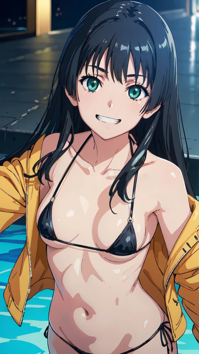 Micro Bikini,Parker jacket, (High resolution:1.4), (masutepiece:1.2), (High quality:1.3) 1girl, saten ruiko, green eyes, long hair, black hair, small breast, cinematic lighting, pov, grin, dynamic angle, pool,