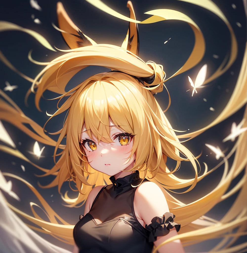 (Bunny girl),Cute little ,Tiny ,Small girl,,Childish face, Very fine clean face,Top quality,Yellow Hair,(Dark Room), Subtle light, Natural light,Soft lighting,Light from directly behind, (Are standing),With bust up,Front view,Black background
