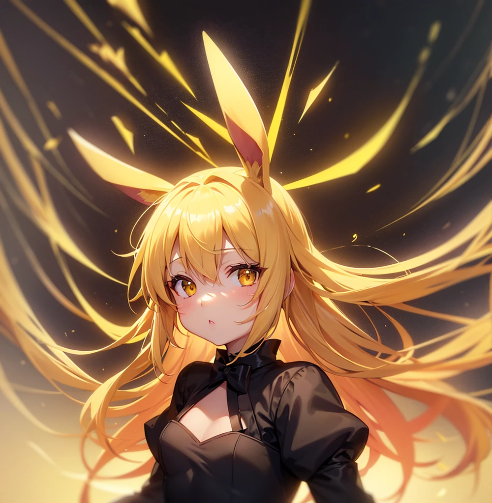 (Bunny girl),Cute little ,Tiny ,Small girl,,Childish face, Very fine clean face,Top quality,Yellow Hair,(Dark Room), Subtle light, Natural light,Soft lighting,Light from directly behind, (Are standing),With bust up,Front view,Black background