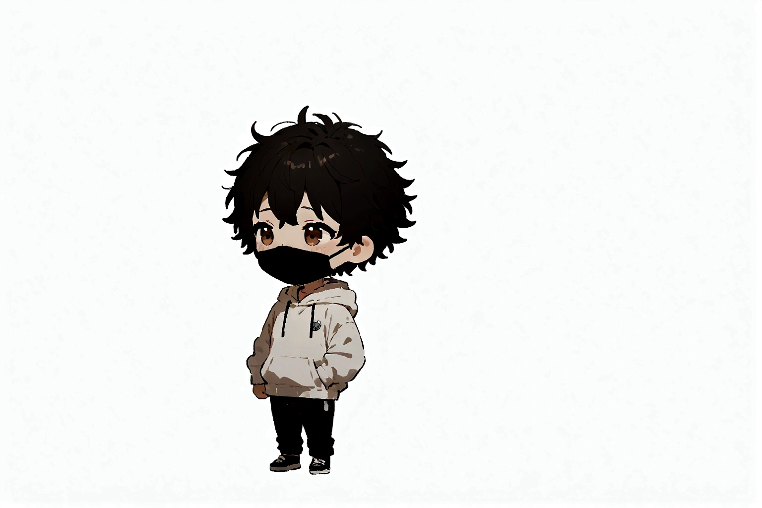 masterpiece,chibi,1man, tareme, black hair, mouth mask, full body, white background, simple background, very short hair, messy hair, hoodie,