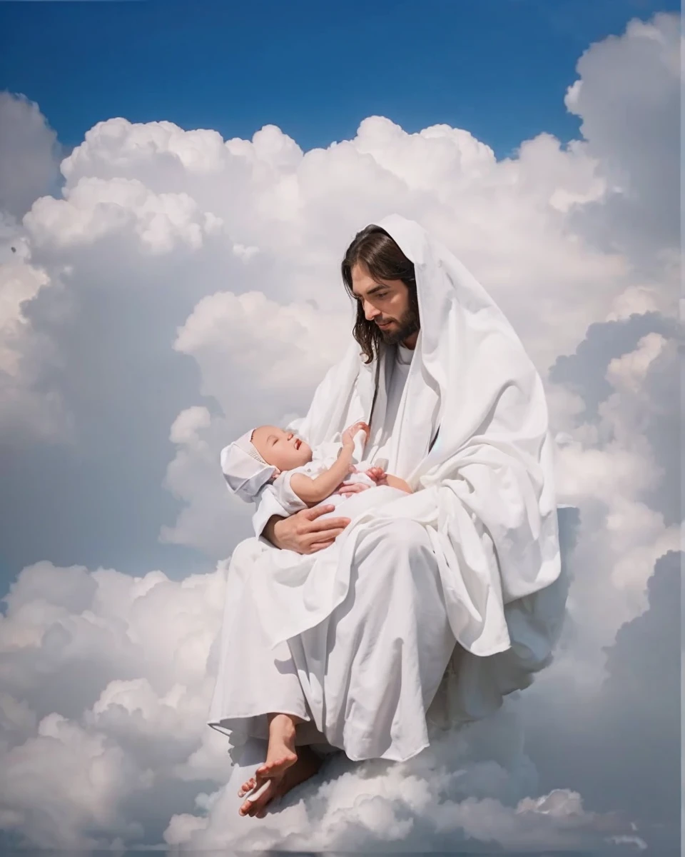 jesus christ, hold a baby, wearing white cloth, face to face with the baby, wearing long, sitting on the cloud, cloud background, beside view