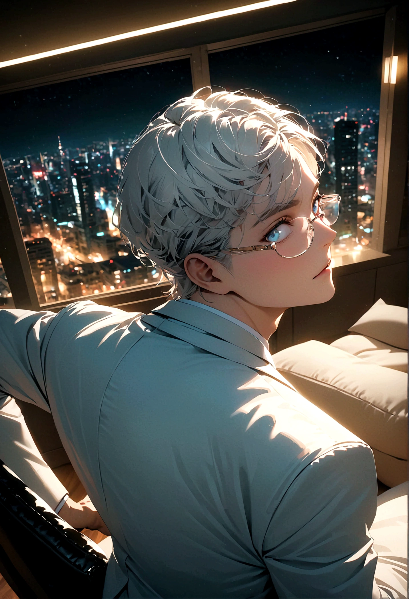 A white-haired, light-blue-eyed man in rimless glasses and a white suit turned his back and half his face in the middle of a luxury condo at night.